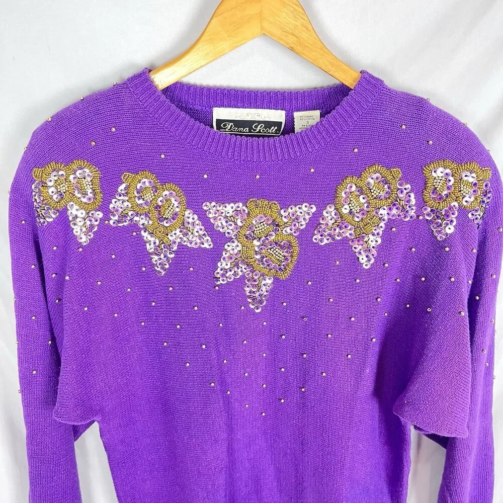 Vintage Dana Scott Amethyst Beaded Sweater Floral Knit Women S - Picture 13 of 16